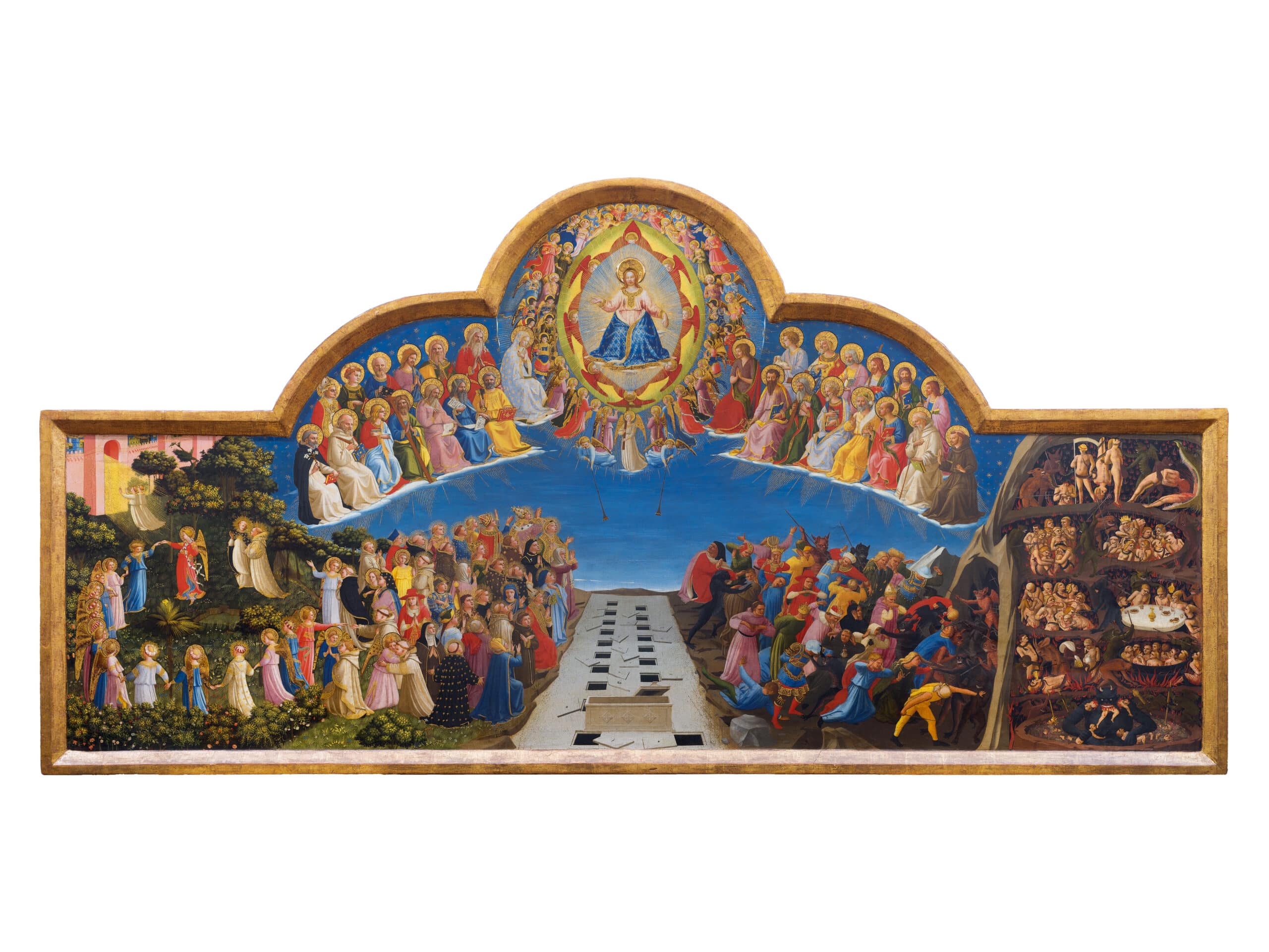 l dipinto mostra una rappresentazione del Giudizio Universale secondo la tradizione cristiana. Al centro, in alto, troneggia Cristo Giudice, circondato da una mandorla di luce dorata e accompagnato da angeli e santi. Alla sua destra (a sinistra per chi osserva) si apre la scena del Paradiso: un giardino rigoglioso con angeli che accolgono le anime beate in una danza armoniosa. Alla sinistra di Cristo (a destra dell’osservatore) si trova invece la rappresentazione dell’Inferno, con figure dannate