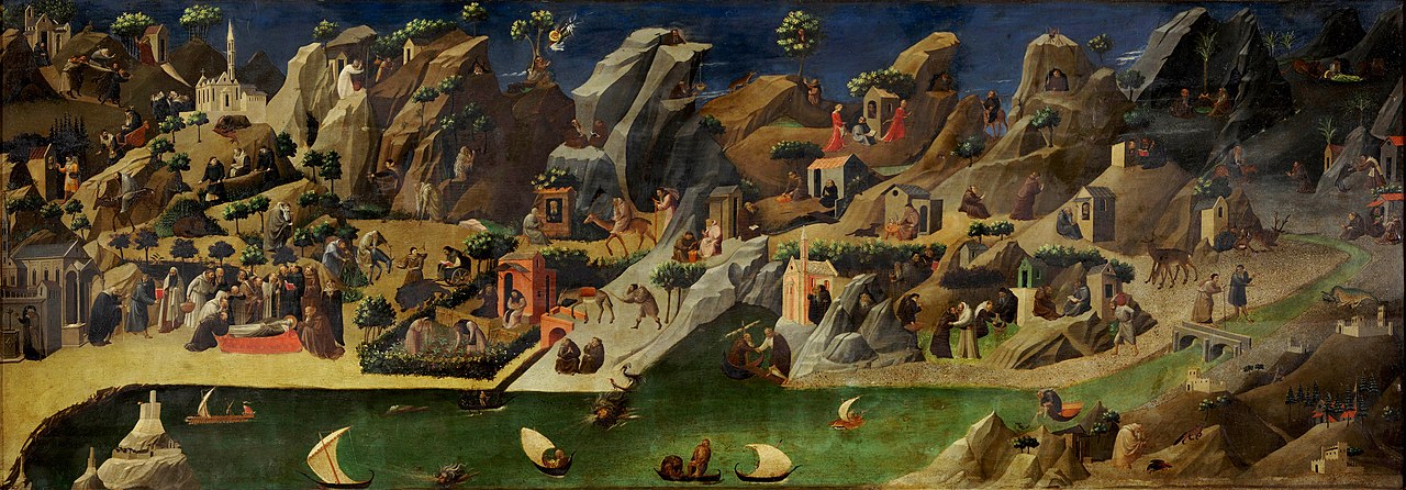 Il dipinto rappresenta con una ricchezza straordinaria di particolari le vite dei Santi Padri nel deserto, presso Tebe. Un paesaggio eremitico e montuoso, con a valle un fiume pieno di barchette, è popolato da una serie di piccoli personaggi che si affaccendano presso i romitori dei monaci; e poi animali, santi che resistono alle tentazioni del maligno, chiese, orti, alberi e una piccola folla di fedeli che vegliano Sant’Efrem. La scena è priva di un punto focale preciso e si scompone in una miriade di dettagli che inducono lo sguardo a perdersi, nella ricerca di particolari aneddotici e curiosi.