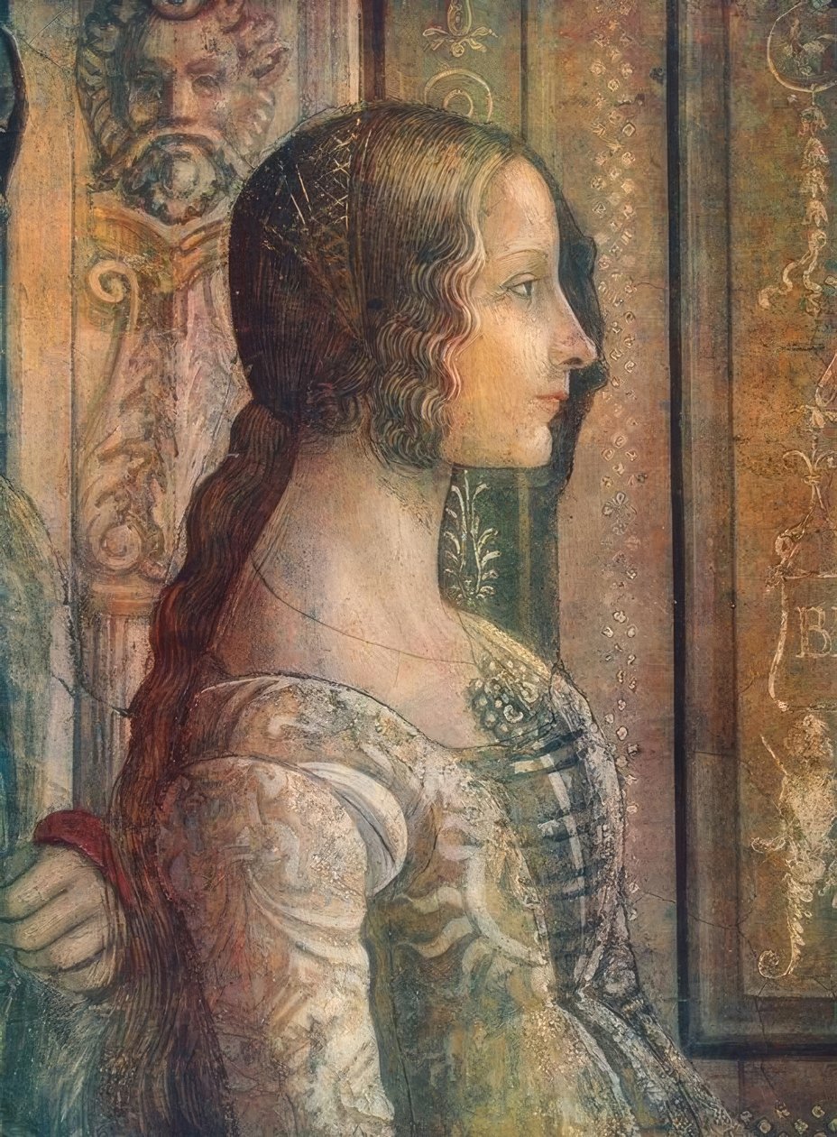 Ritratto di donna rinascimentale italiana con tipica acconciatura e trinzale