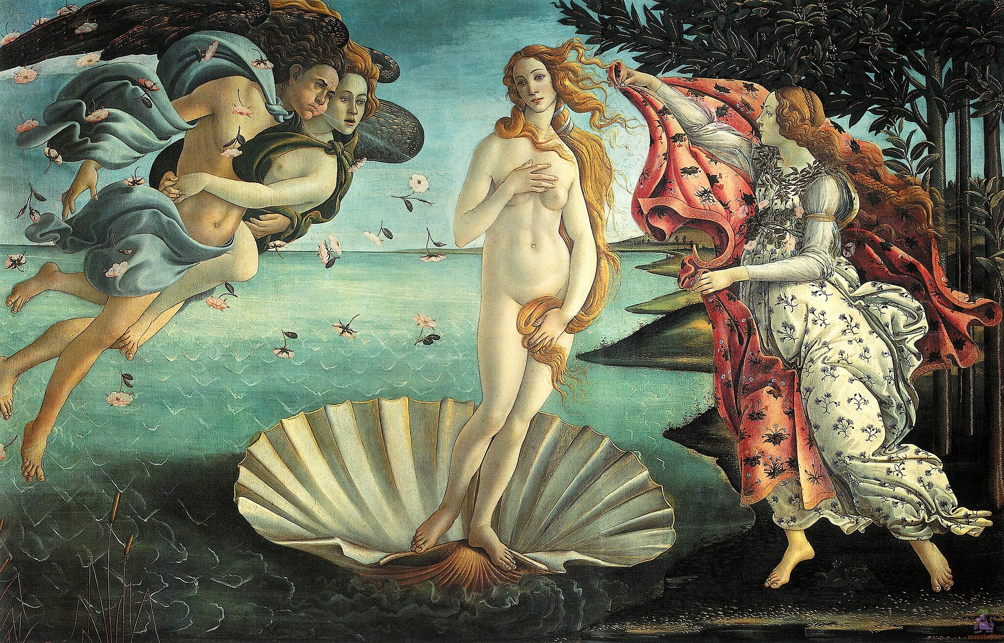 Il dipinto raffigura una donna simbolo di Venere, su sfondo marino verso la riva da Zefiro, il vento di ponente, e da una delle Ore, che le porge un manto per coprirla.