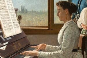 Giovani donne italiane in abiti eleganti dell'Ottocento, suonano e cantano musica in un interno, esposto al Museo di Palazzo Pitti di Firenze